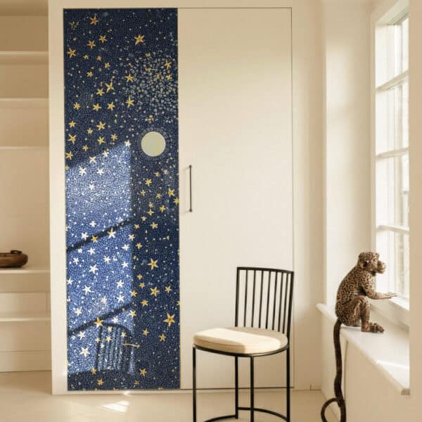 Starfield Symphony Mosaic mosaic wall panel featuring golden stars and a luminous moon against a deep blue background, integrated into a modern white wardrobe for a celestial-inspired interior.