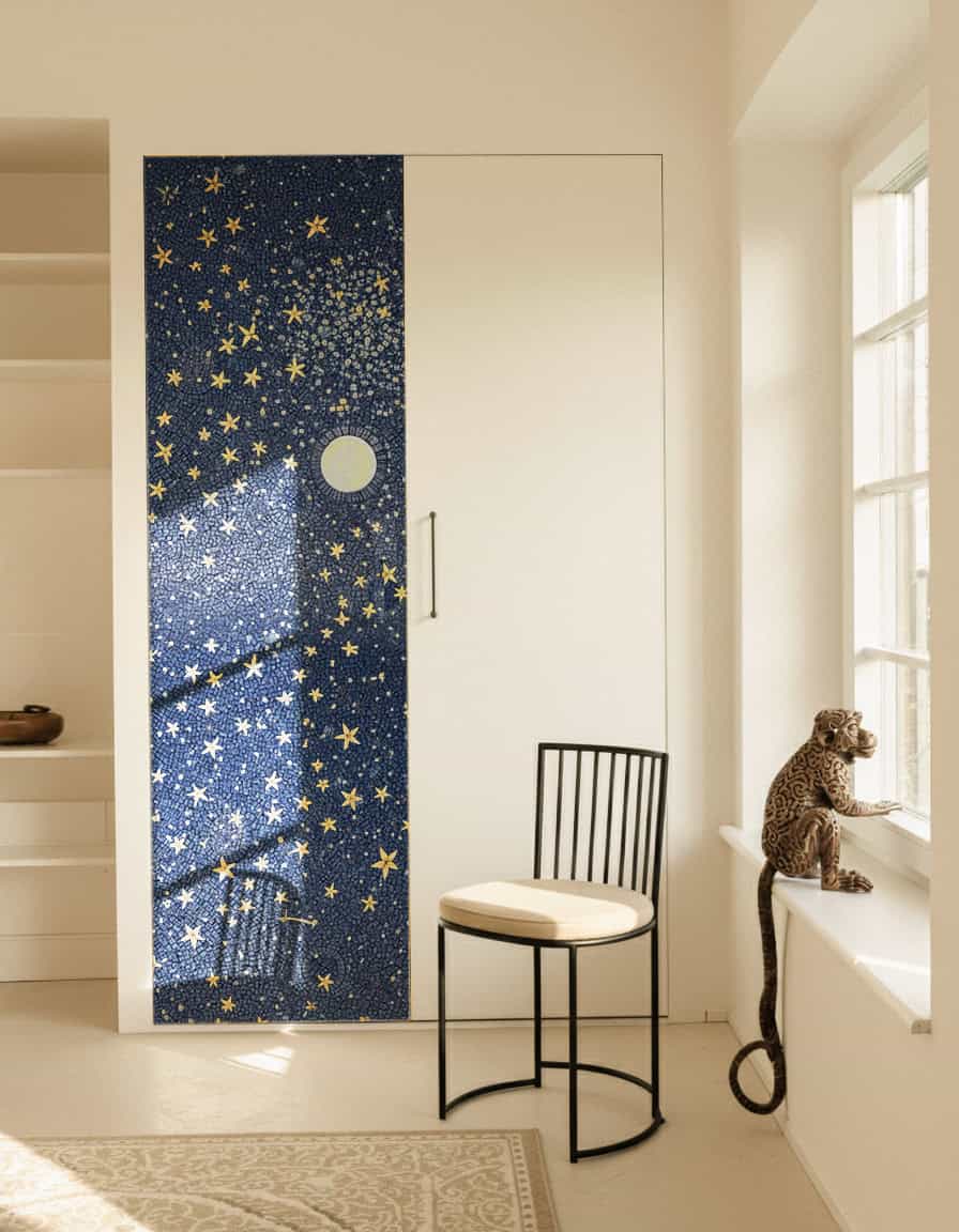 mosaic wall panel featuring golden stars and a luminous moon against a deep blue background, integrated into a modern white wardrobe for a celestial-inspired interior.