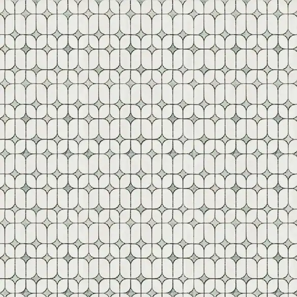 Mosaic Tile featuring an interlocking oval and line pattern with subtle grey outlines on a neutral beige background, perfect for modern bathrooms, kitchens, and accent walls.