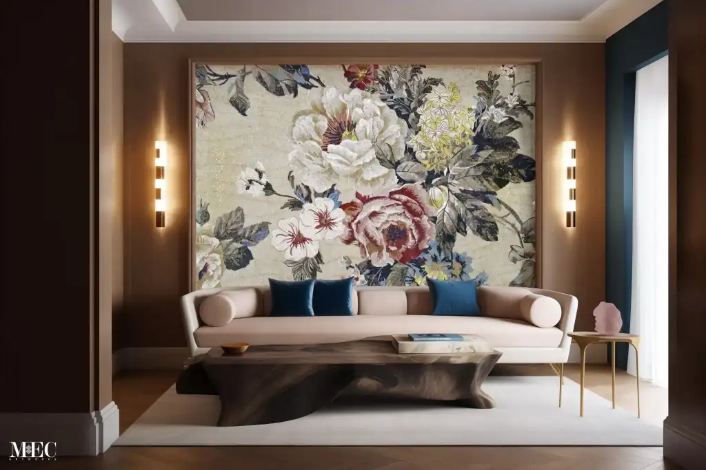 Mosaic mural featuring large detailed floral blooms in white, red, yellow, and blue against a soft beige background.
