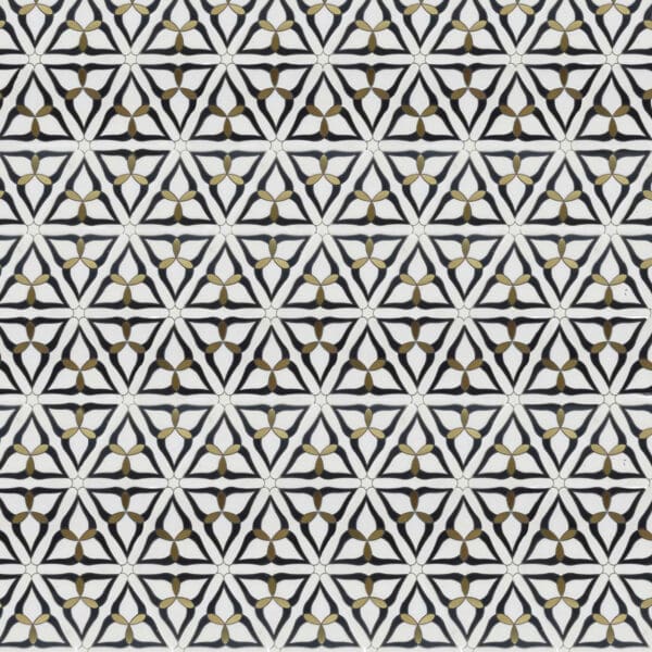 Marble mosaic featuring interlocking triangular and floral motifs in white marble with black outlines and gold accents, creating a geometric and luxurious pattern.