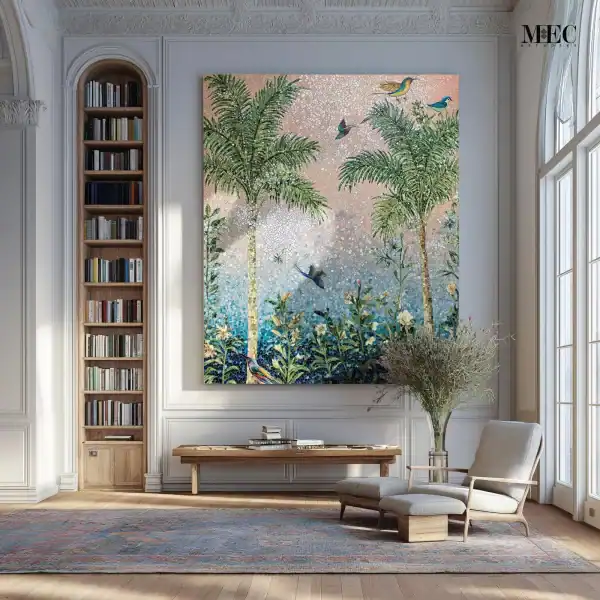 Mosaic wall depicting tall palm trees, lush garden flowers, and colorful birds against a soft pastel sky inside a refined living room interior.