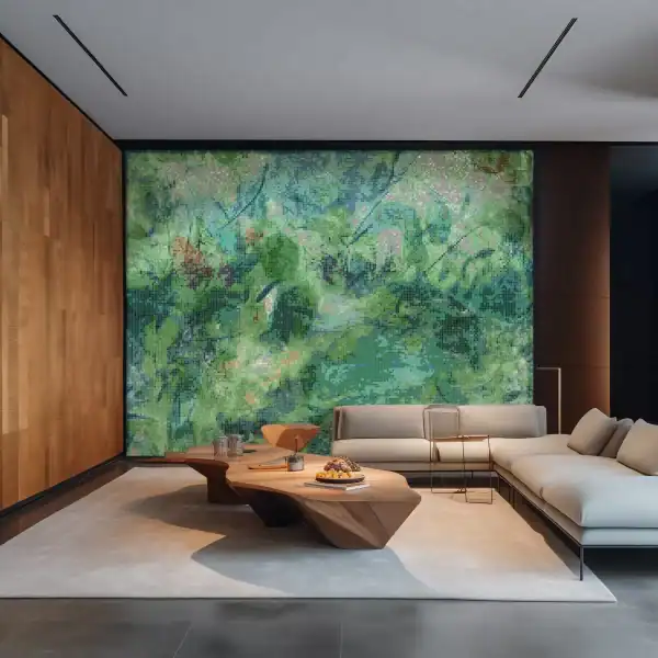 Abstract wall mosaic mural with layered green tones, resembling foliage and natural textures, handcrafted from glass mosaic tiles.