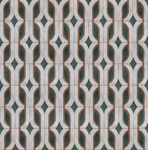 Geometric marble mosaic featuring interlocking white and green arches with fine golden-brown outlines, creating a sophisticated and rhythmic pattern.