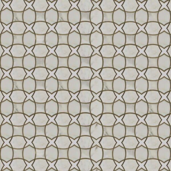 White marble mosaic featuring interlocking circular patterns outlined in gold, creating a geometric and elegant lattice design