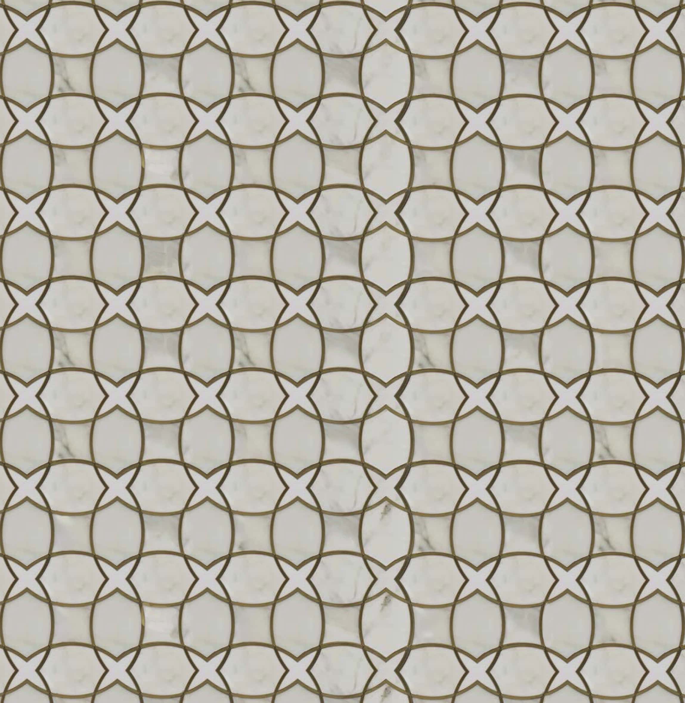 White marble mosaic featuring interlocking circular patterns outlined in gold, creating a geometric and elegant lattice design