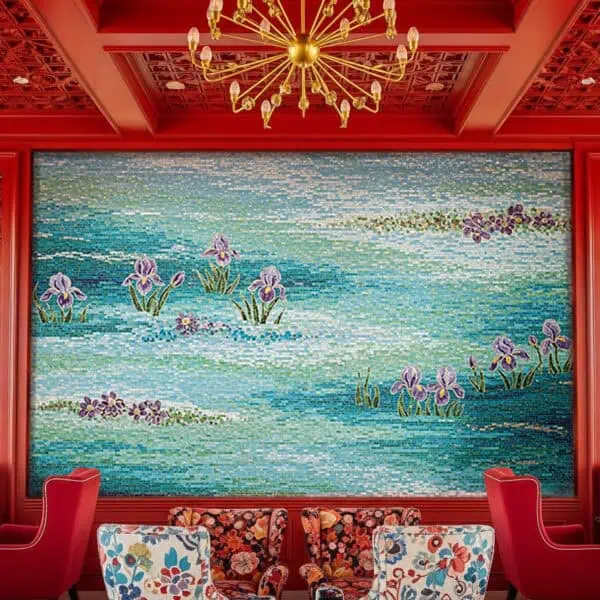 Water Garden Bloom Mosaic Mural Handcrafted mosaic mural with blue and turquoise water-inspired patterns, decorated with blooming purple irises and green foliage.