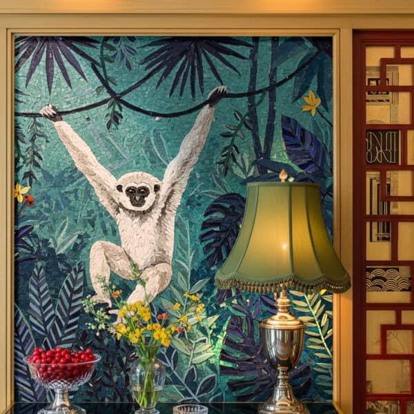 Decorative mosaic mural featuring a white monkey hanging on jungle vines, with vibrant tropical foliage in shades of green and blue.