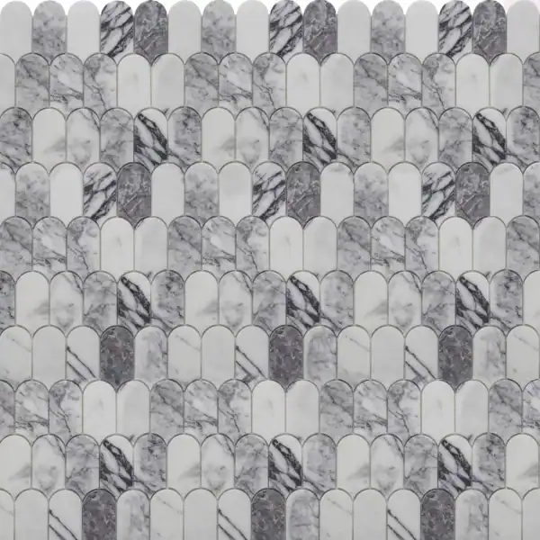 Silver petal marble mosaic tile featuring curved petal-shaped marble pieces in white, grey, and silver tones with natural veining and soft geometric rhythm.