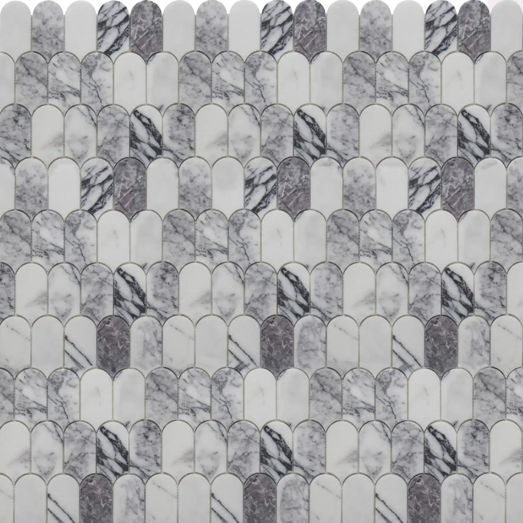 Silver petal marble mosaic tile featuring curved petal-shaped marble pieces in white, grey, and silver tones with natural veining and soft geometric rhythm.