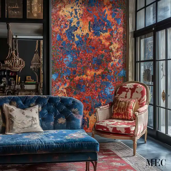 Detailed glass tile wall mural featuring red pixelated wall.