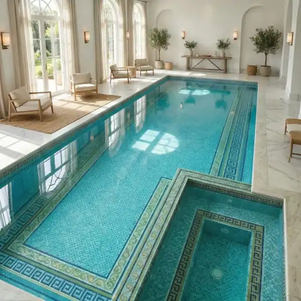 Aqua Blue Pool Mosaic with Greek Border