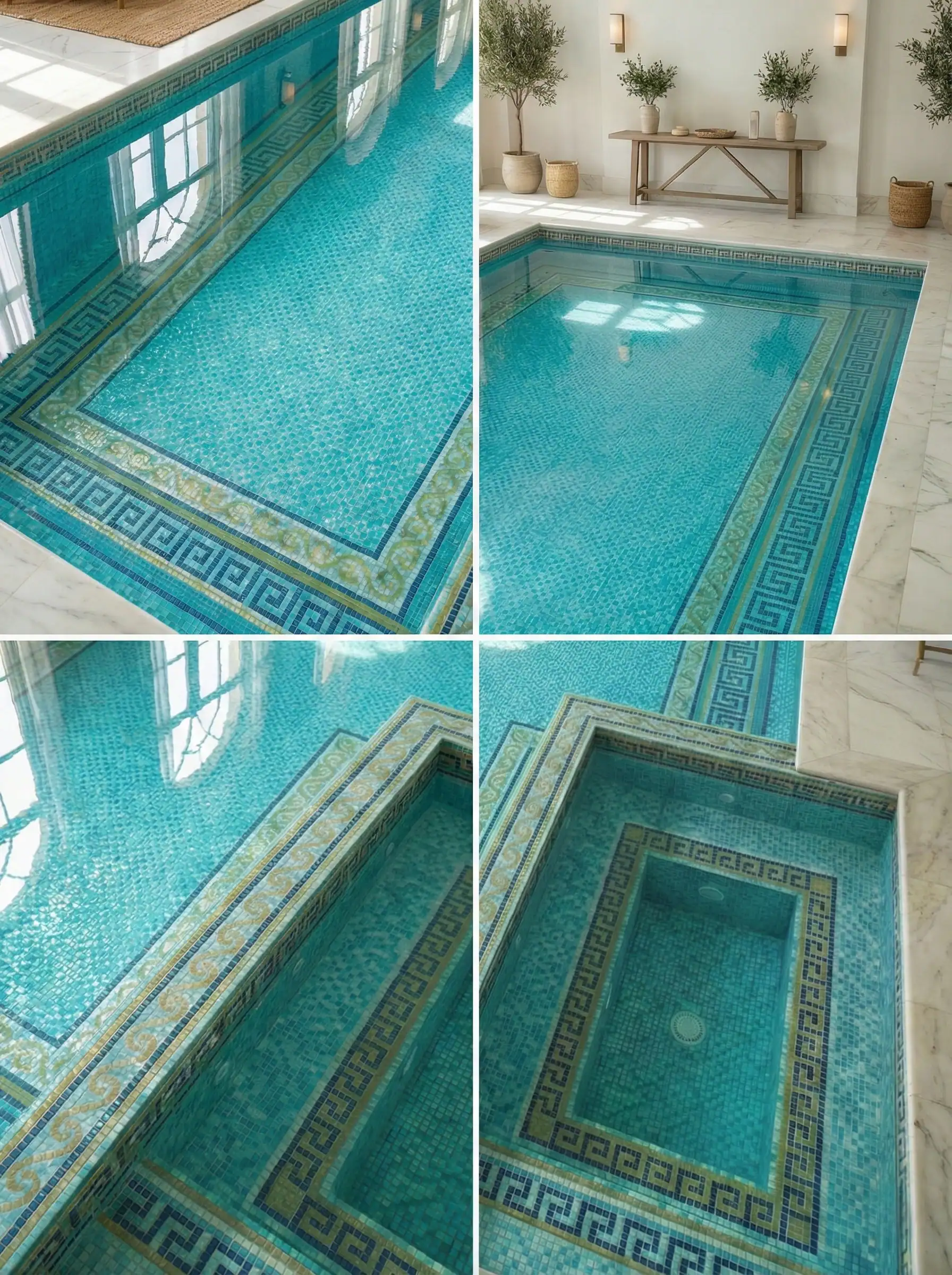 mosaic with aqua tiles, Greek key border in deep blue, gold accent bands, and matching spa section for luxury wellness interiors.