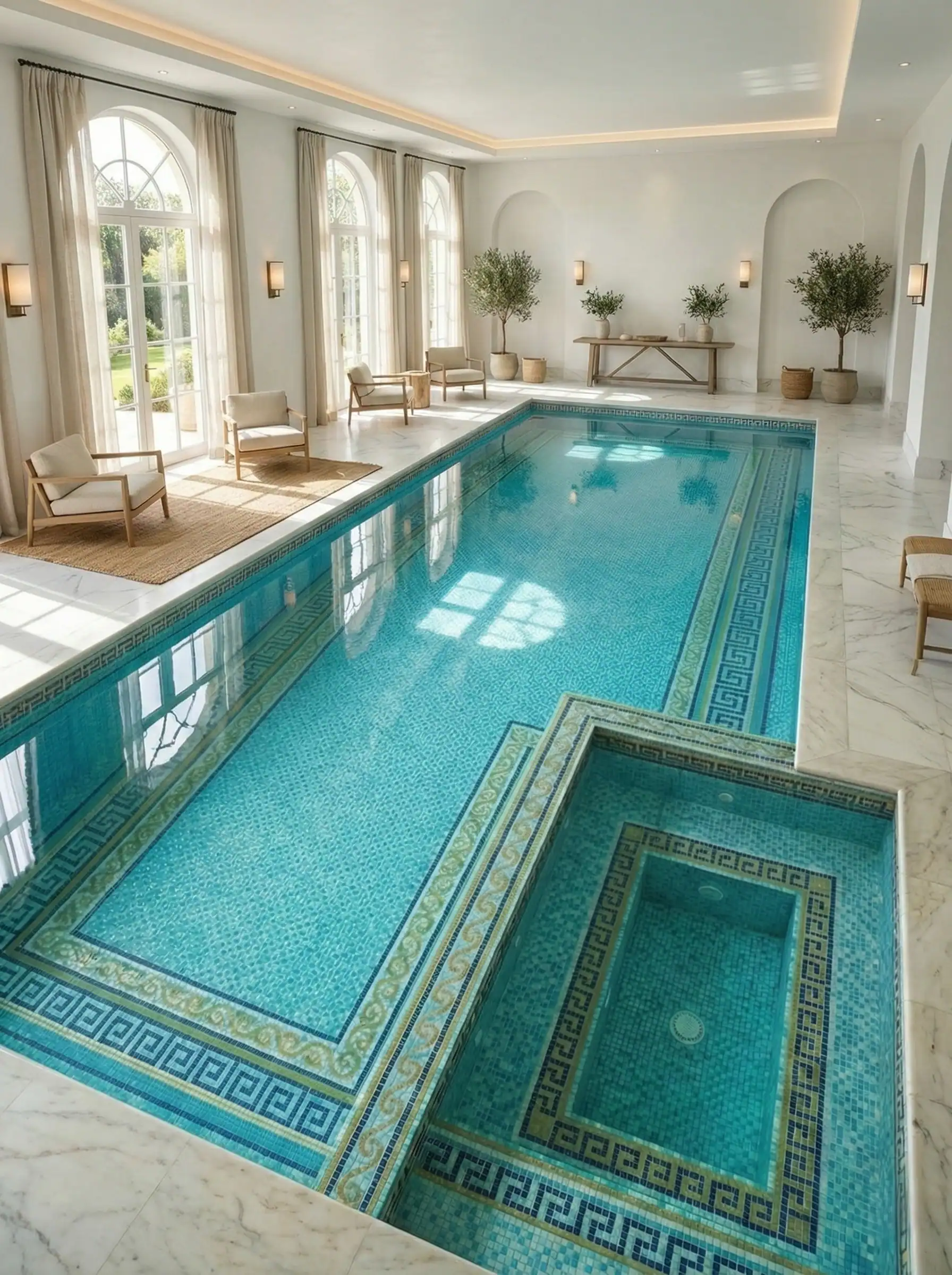 Aqua Blue Pool Mosaic with Greek Border