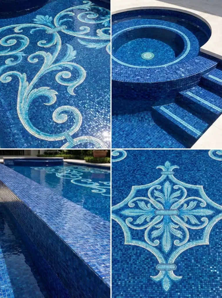 mosaic with symmetrical scroll pattern in aqua and white