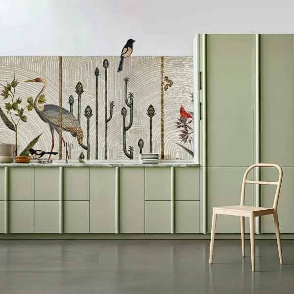 Botanical mosaic backsplash with arched pattern background, crane and small birds, vertical green stems, butterfly accents, and neutral beige tones.