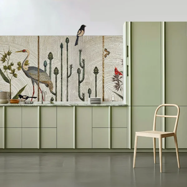Botanical mosaic backsplash with arched pattern background, crane and small birds, vertical green stems, butterfly accents, and neutral beige tones.