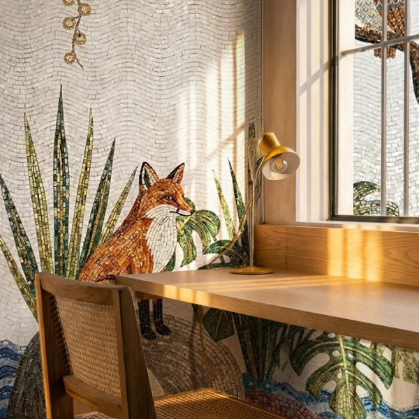 Wildlife mosaic wall with fox and owl artwork, green plants, wave tile background, and blue accents in neutral and earthy tones.