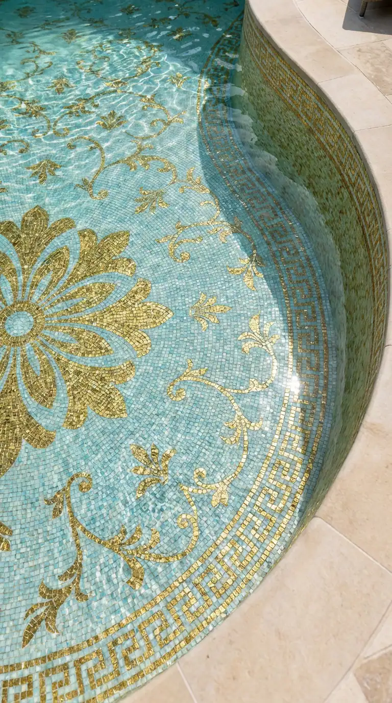 pool mosaic with gold floral medallion, vine scroll patterns, and Greek key border on soft aqua tile base in curved outdoor pool design.