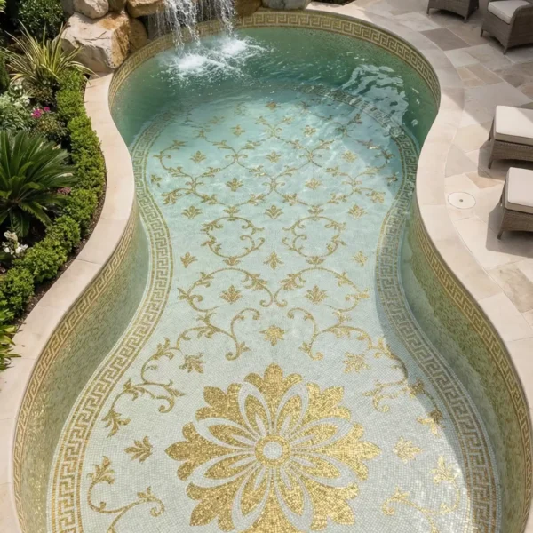 Ivory & Gold Pool Mosaic Design Luxury pool mosaic with gold floral medallion, vine scroll patterns, and Greek key border on soft aqua tile base in curved outdoor pool design.