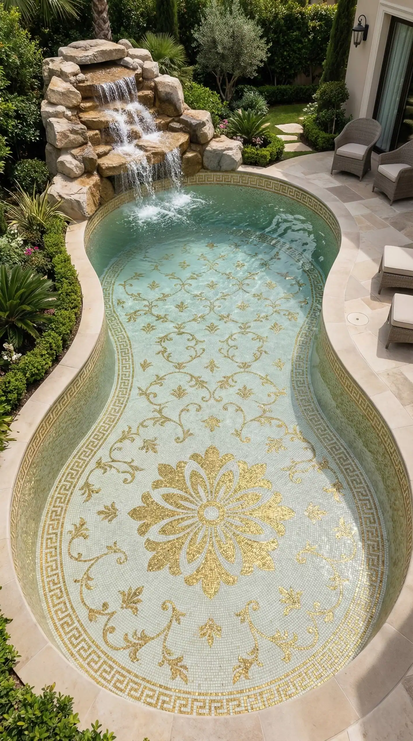 Luxury pool mosaic with gold floral medallion, vine scroll patterns, and Greek key border on soft aqua tile base in curved outdoor pool design.