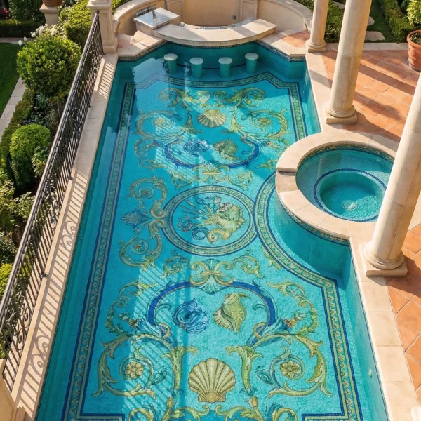 Luxury marine pool mosaic with shell motifs, circular medallions, fish artwork, and gold scroll patterns on aqua blue tile base with ornate border.
