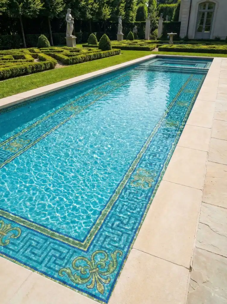 Aqua pool mosaic with Greek key border, gold accent lines, and decorative corner flourishes, classic Mediterranean pool tile edging design.