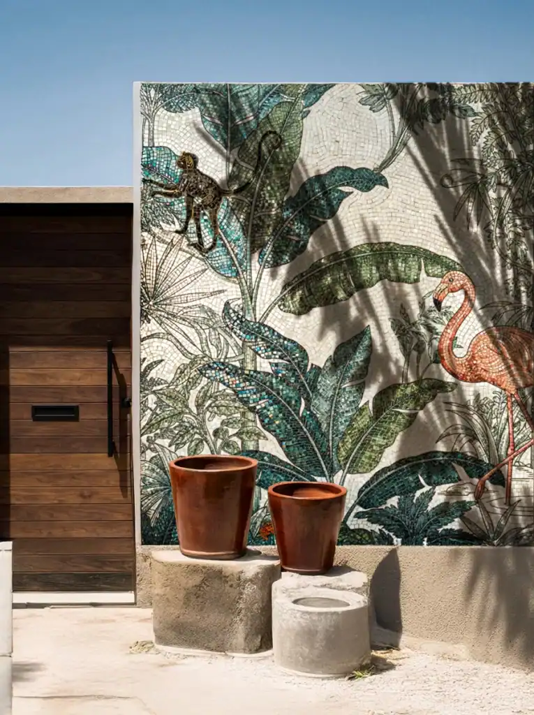 Tropical mosaic wall mural with large green leaves, flamingo and monkey design, teal accents and sketch-style botanical background.