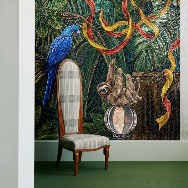 Jungle mosaic wall with parrot, monkey and sloth artwork, layered green foliage, and flowing red-yellow ribbon accents in detailed tile design.