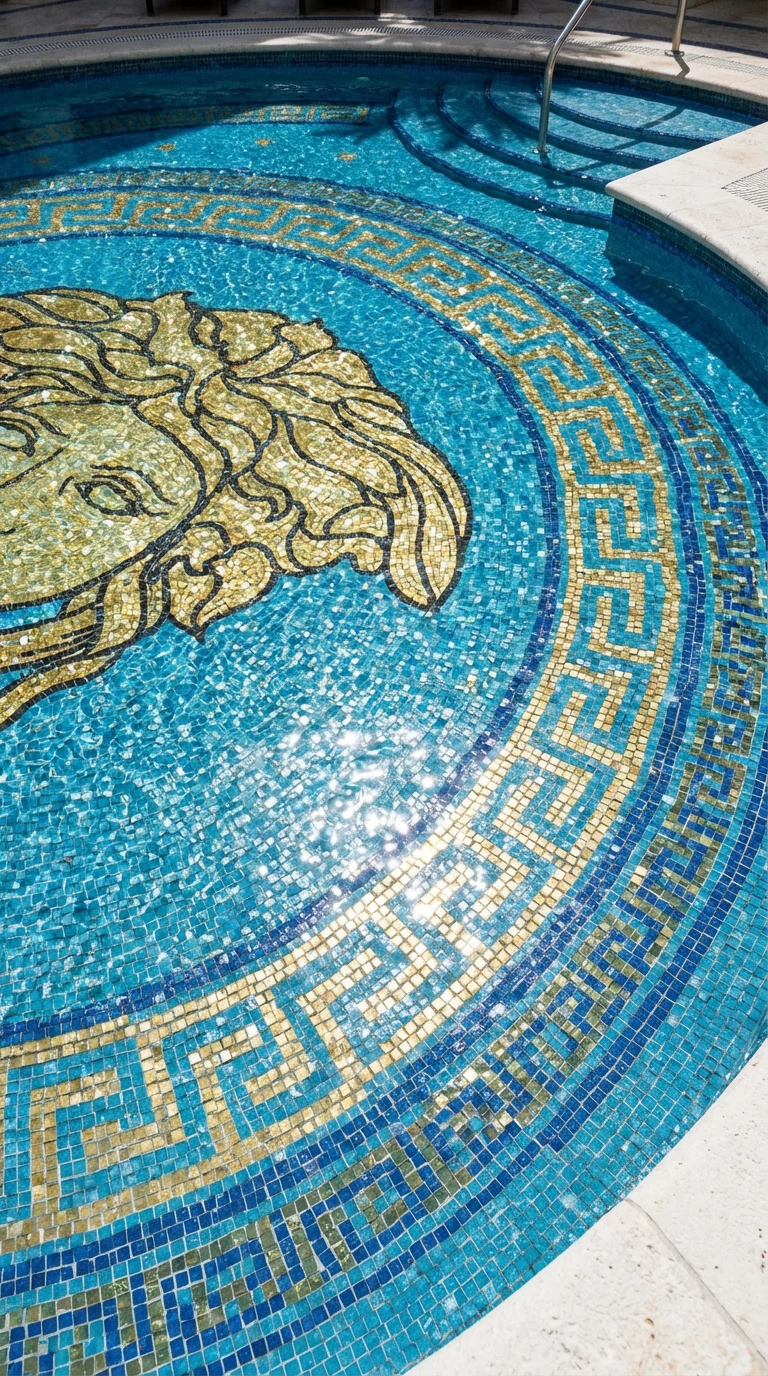 turquoise pool mosaic with central Medusa face motif, Greek key border ring, and small gold star accents in luxury courtyard pool design.