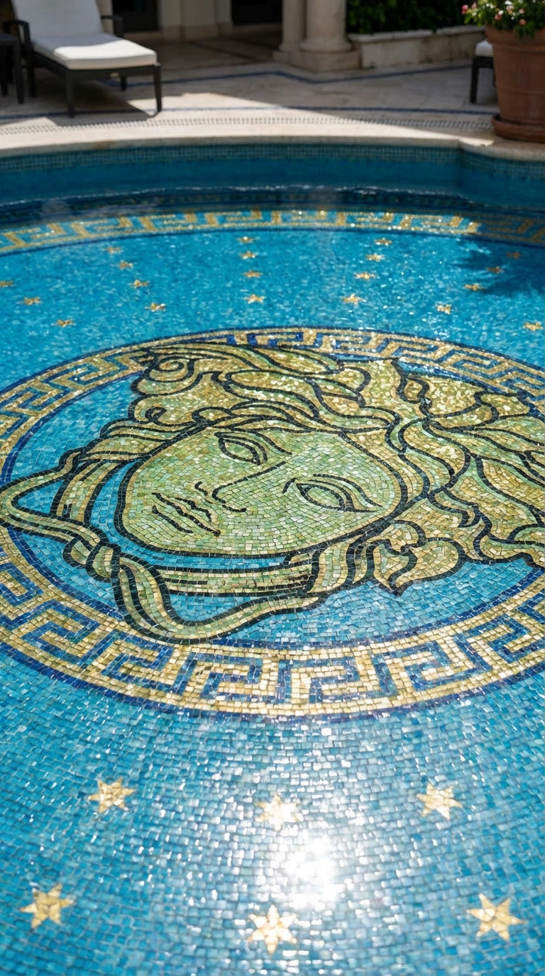 pool mosaic with central Medusa face motif, Greek key border ring, and small gold star accents in luxury courtyard pool design.