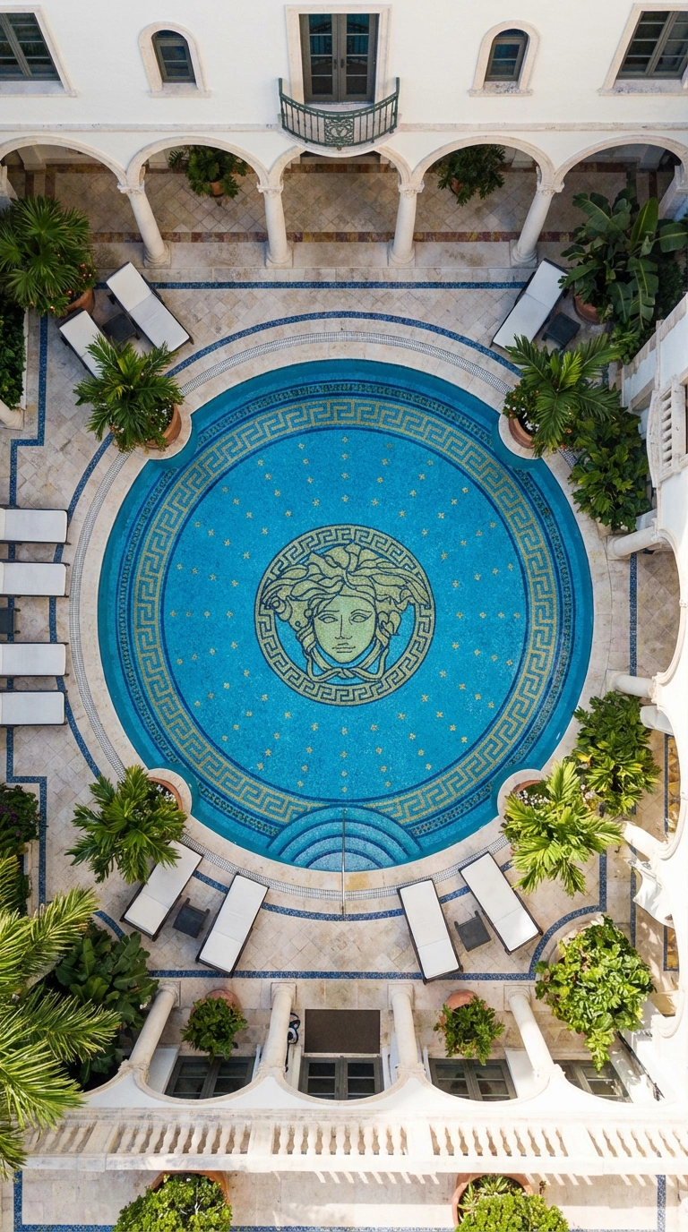 Round turquoise pool mosaic with central Medusa face motif, Greek key border ring, and small gold star accents in luxury courtyard pool design.