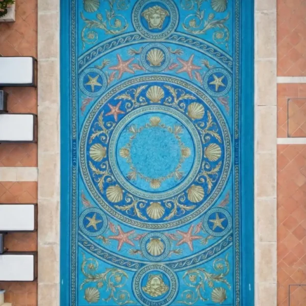 Starfish Pool Mosaic Medallion Marine pool mosaic with circular medallion, shell and starfish motifs, gold scrollwork, and blue tile base in luxury coastal pool design.