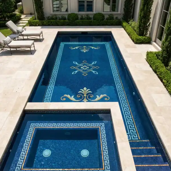Navy blue pool mosaic with Greek key border, gold ornamental motifs, and central geometric emblem design, including matching spa tile border.