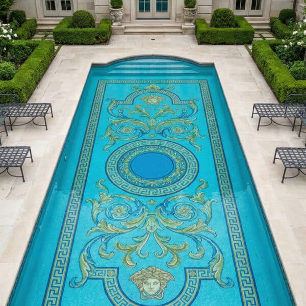 Roman-inspired pool mosaic with Greek key border, circular medallion, ornate scroll patterns, and gold-olive accents on teal tile base.