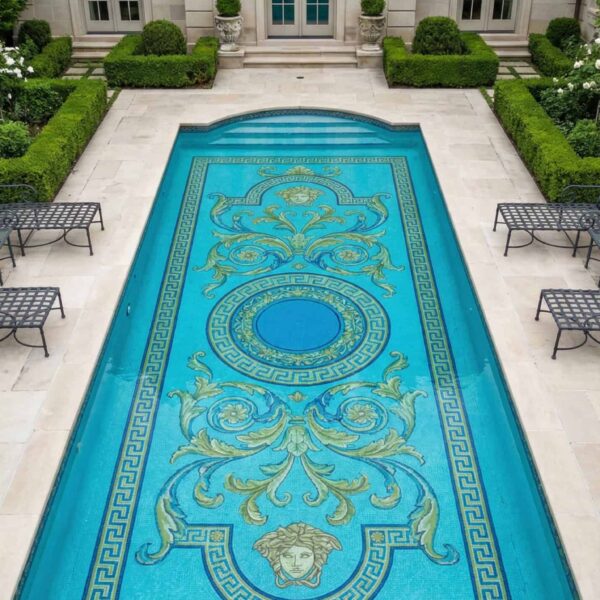 Turquoise Decorative Pool Mosaic Roman-inspired pool mosaic with Greek key border, circular medallion, ornate scroll patterns, and gold-olive accents on teal tile base.