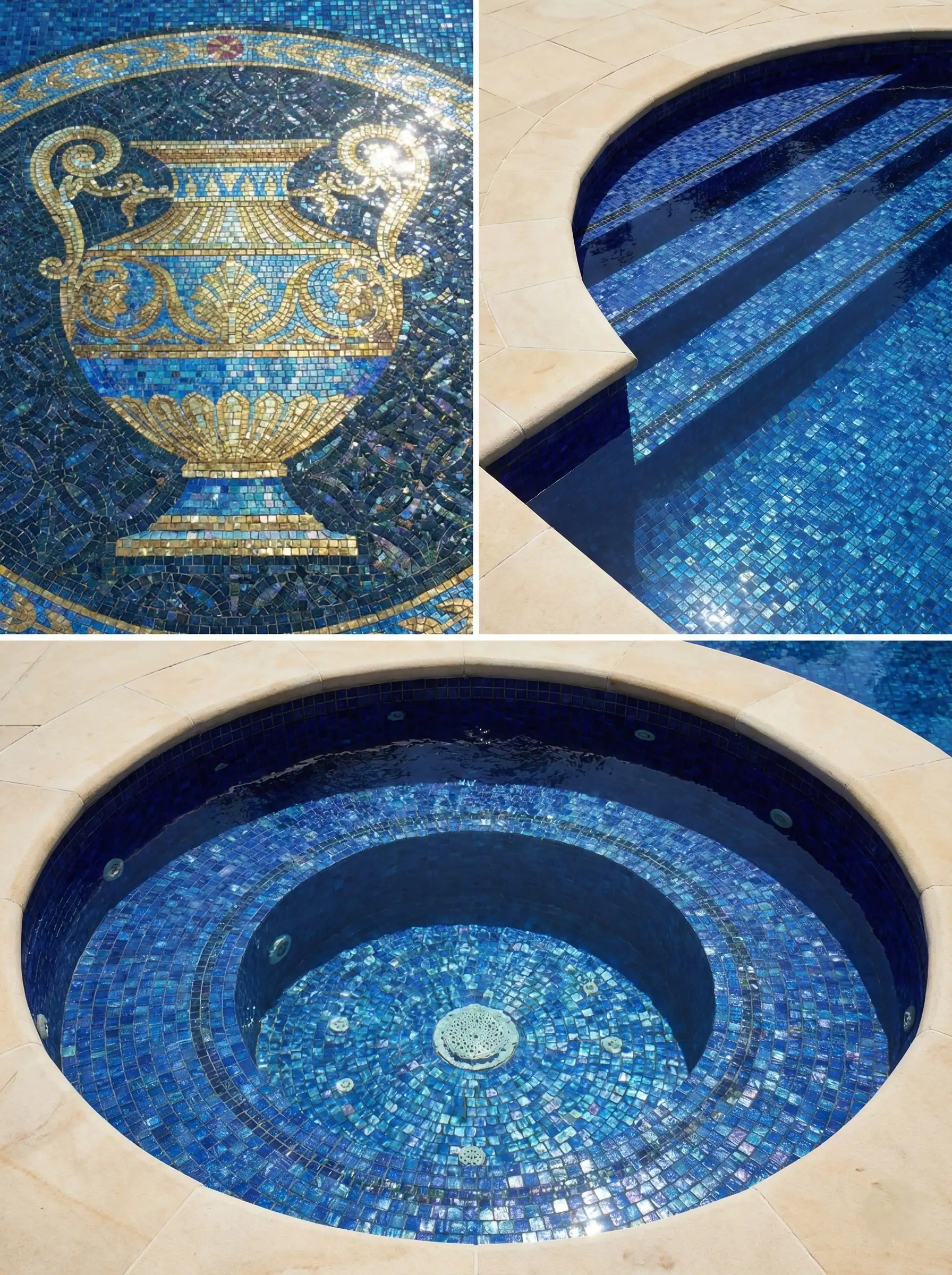 blue pool mosaic with central circular medallion featuring a classic urn motif in gold and olive tones, luxury Mediterranean pool tile design.