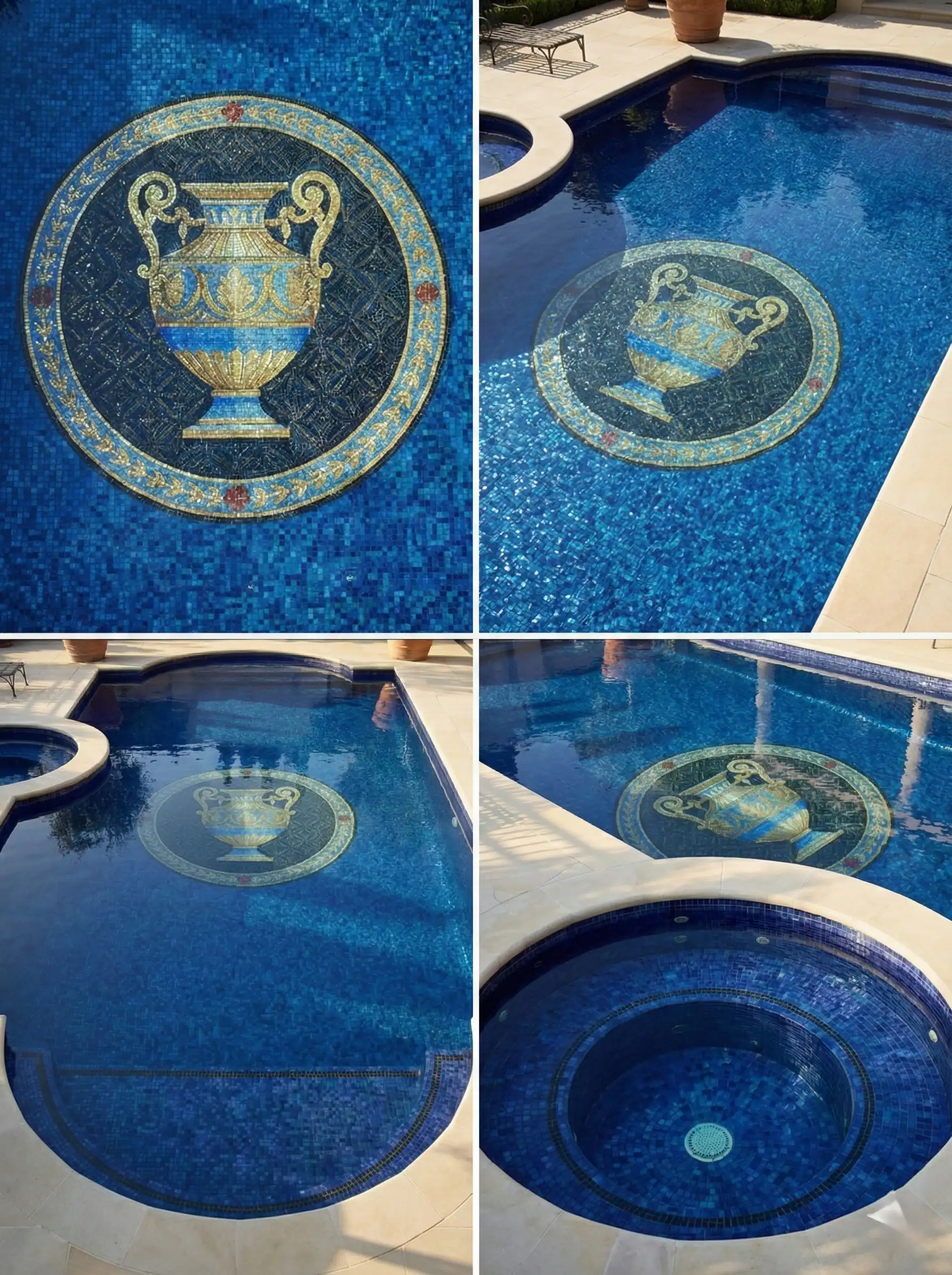 pool mosaic with central circular medallion featuring a classic urn motif in gold and olive tones, luxury Mediterranean pool tile design.