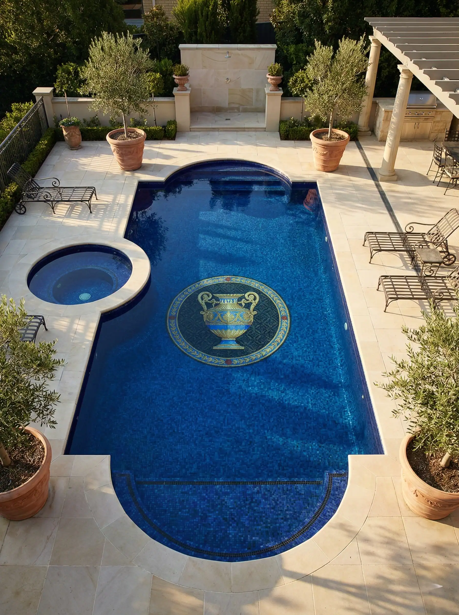 Luxurious swimming pool with mosaic art and outdoor lounge area in a stylish backyard setting.