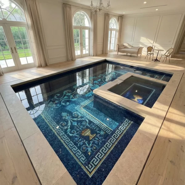 Indoor pool mosaic with deep blue tiles, Greek key border, ornate scroll patterns and gold accents, luxury spa pool design with matching spa section.
