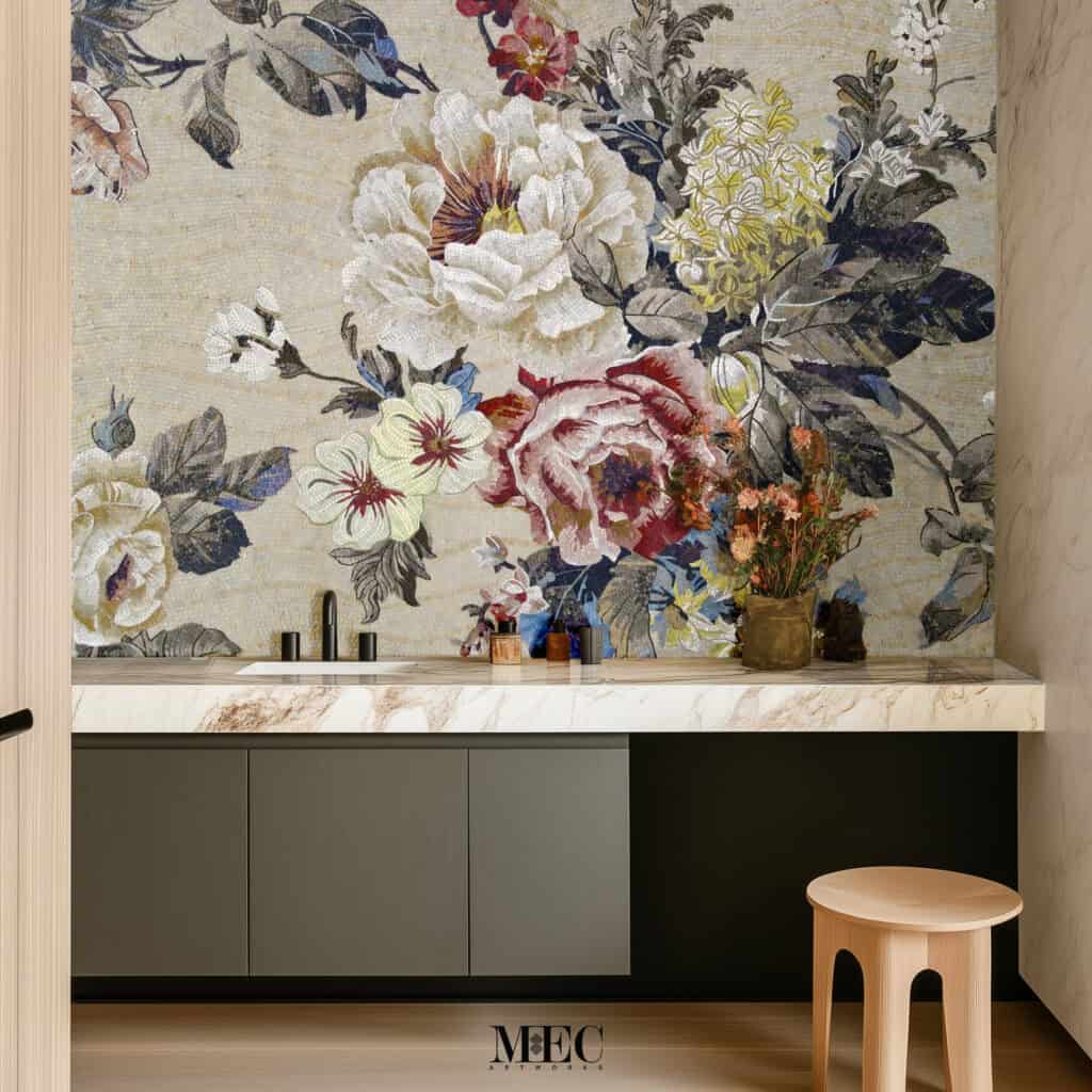 Flowered Mosaic Kitchen Backsplash Design