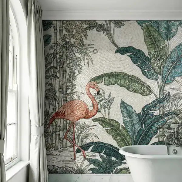 Botanical Lagoon Mosaic Wall Tropical Flamingo Oasis Mosaic used as a luxury bathroom feature wall with emerald foliage and coral flamingo design.