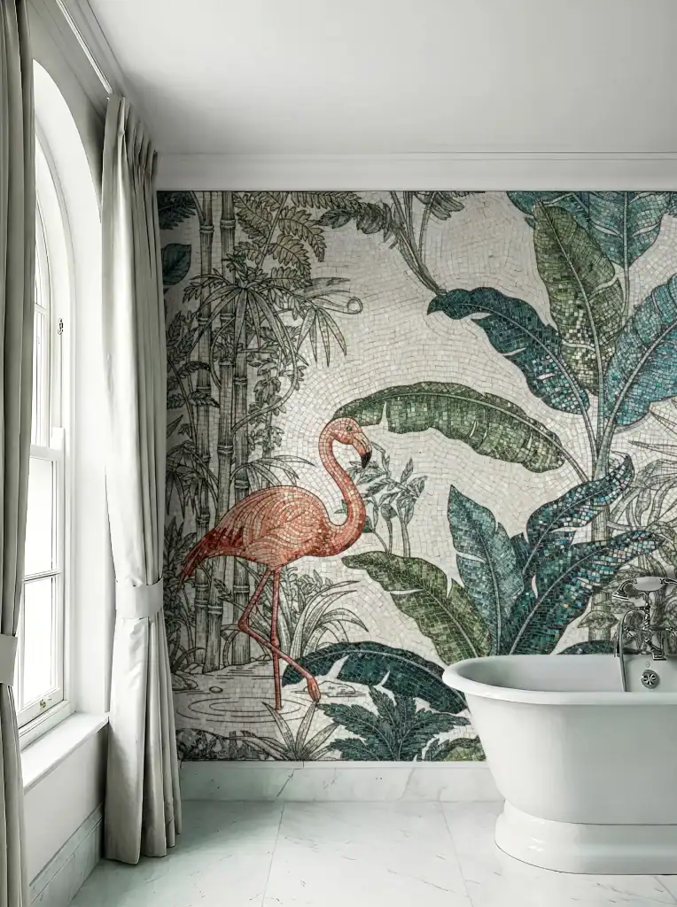 Tropical Flamingo Oasis Mosaic used as a luxury bathroom feature wall with emerald foliage and coral flamingo design.