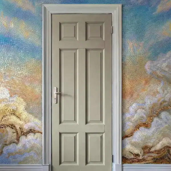 Celestial Drift Abstract Wall Celestial Drift abstract glass mosaic used as a luxury interior feature wall surrounding a doorway with flowing blue and gold mosaic design.