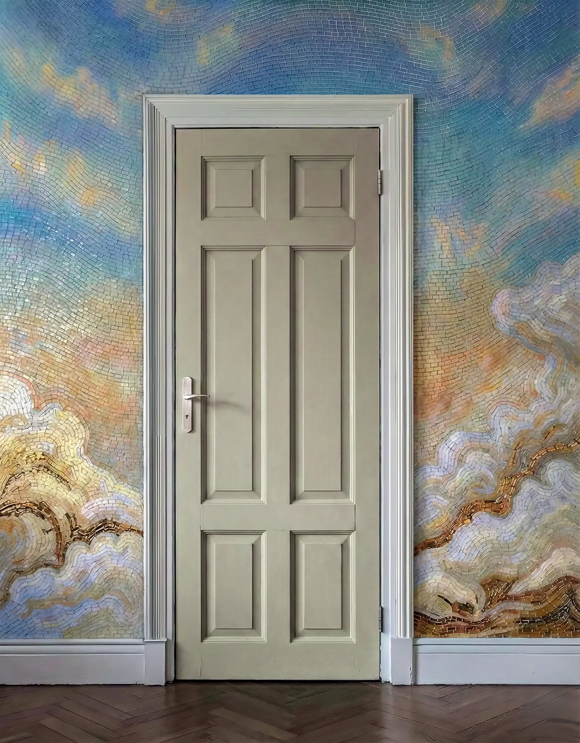 Celestial Drift abstract glass mosaic used as a luxury interior feature wall surrounding a doorway with flowing blue and gold mosaic design.