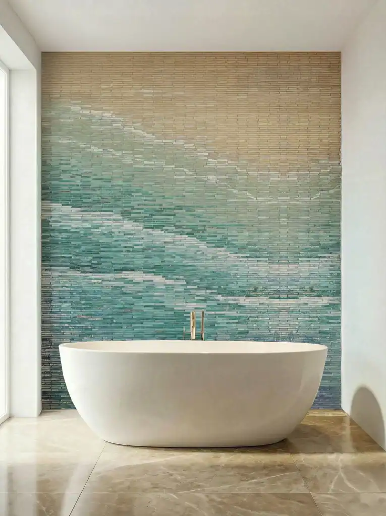 Coastal Drift Ombre Stick Mosaic Bathroom Wall