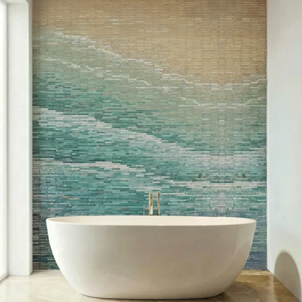 Coastal Drift Ombre Stick Mosaic Bathroom Wall shower tile trends 2026