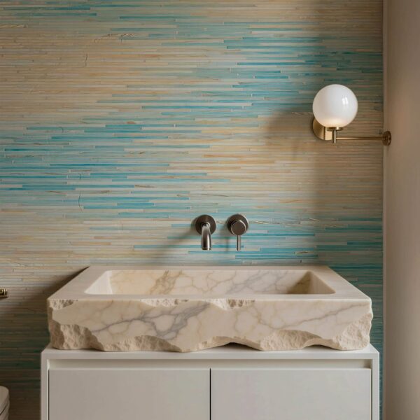 Drift Linear Mosaic Vanity Wall Coastal Drift linear glass mosaic used as a bathroom vanity wall with aqua and sand tones, paired with a modern stone basin.