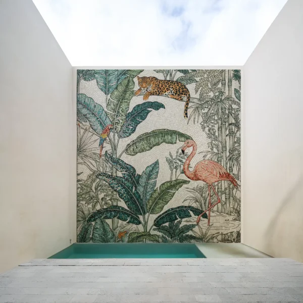Emerald Canopy Wildlife Mosaic used as an indoor pool feature wall with flamingo, leopard, and tropical foliage design.