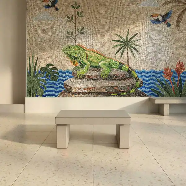 Emerald Oasis Iguana Mosaic mural used as a luxury lobby feature wall with tropical wildlife and blue water mosaic design.